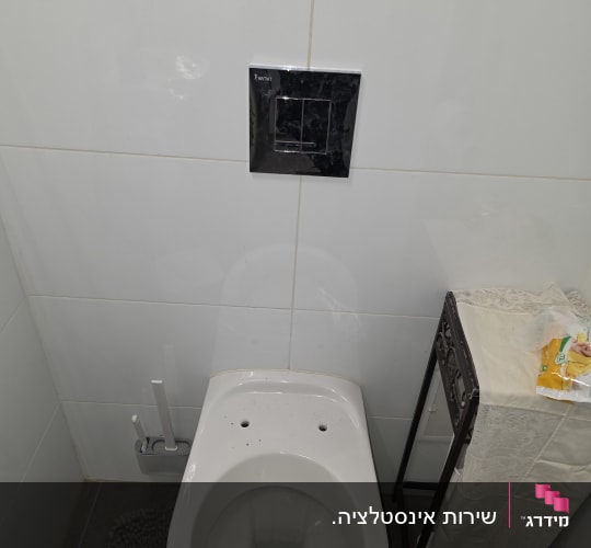 אסלה עם לחצן הדחה בחדר שירותים